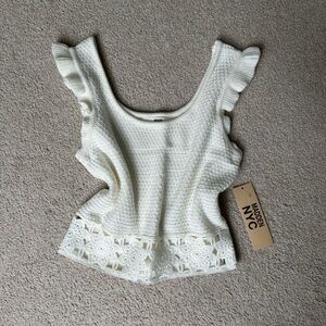 Cream Cropped Crochet Knut Flutter Sleeve Tank Top